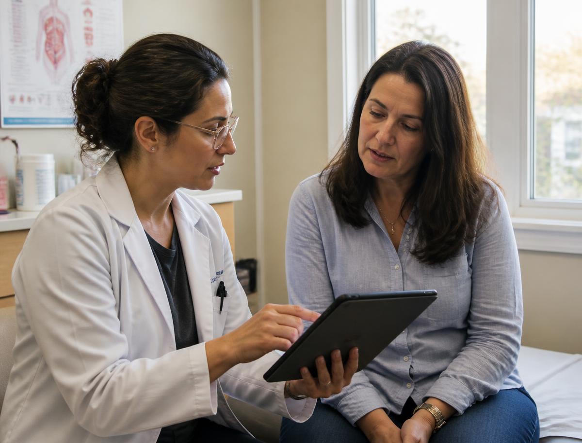A clinician reviewing lab results with a patient on a tablet
