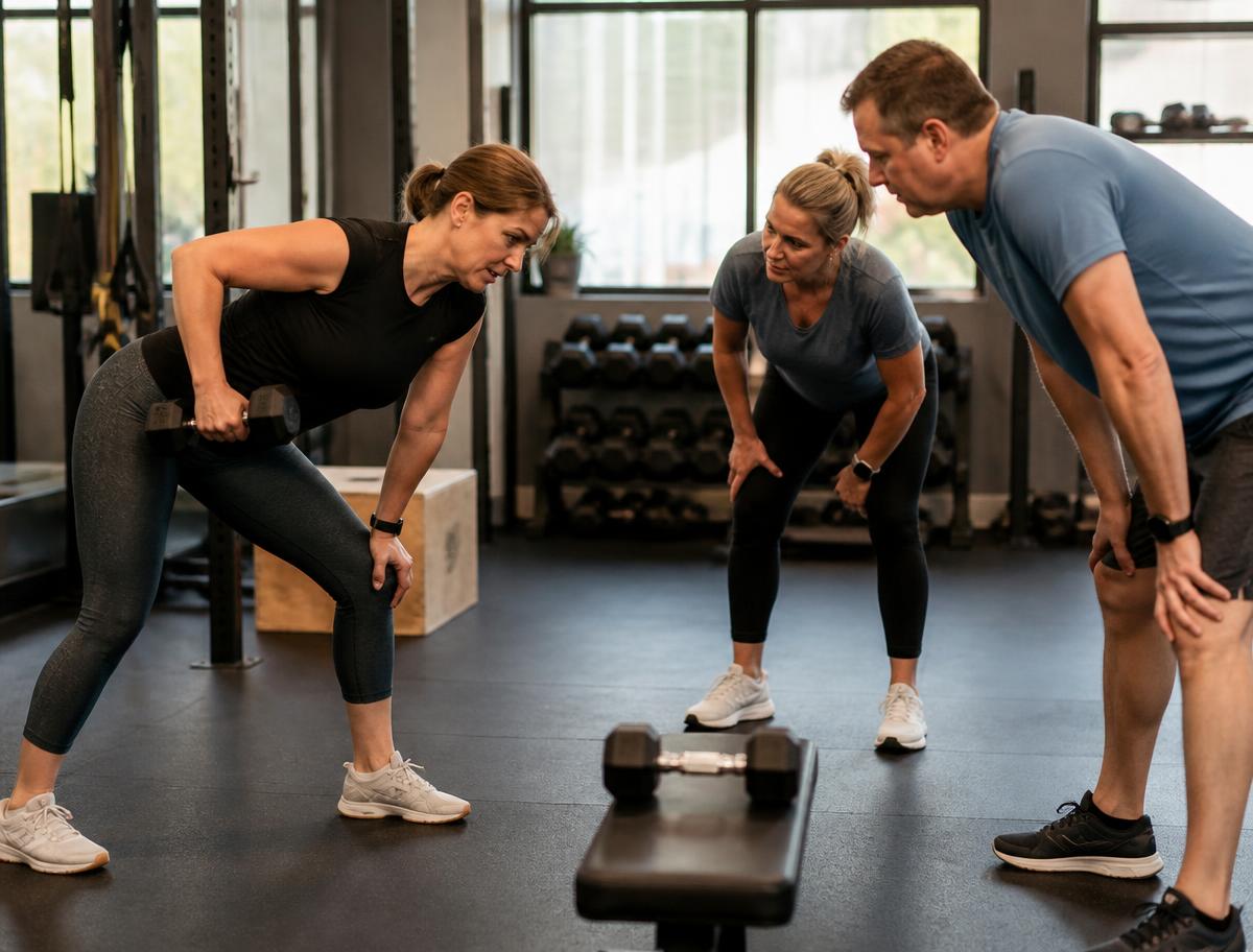 A GetFitRx coach leading a small strength class on the gym floor