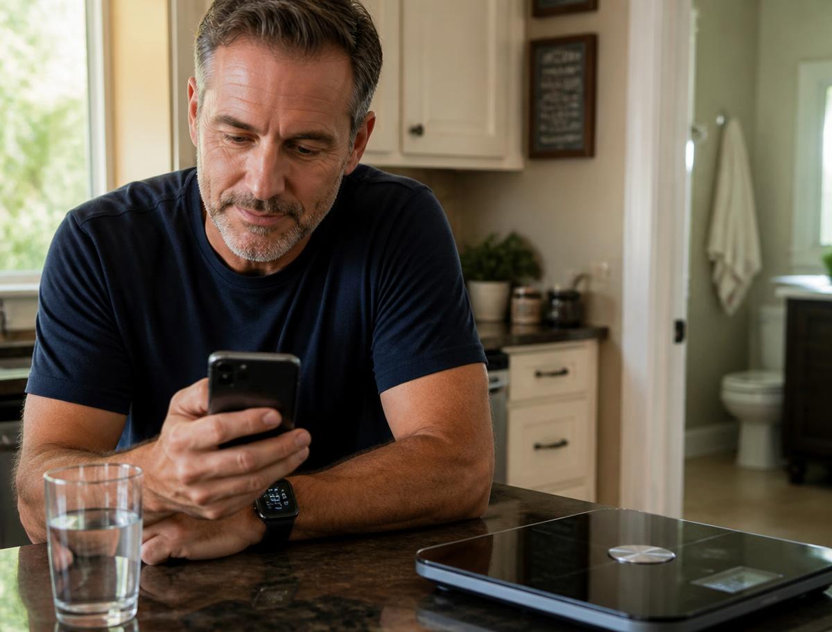 A member checking his health data on his phone at the kitchen counter