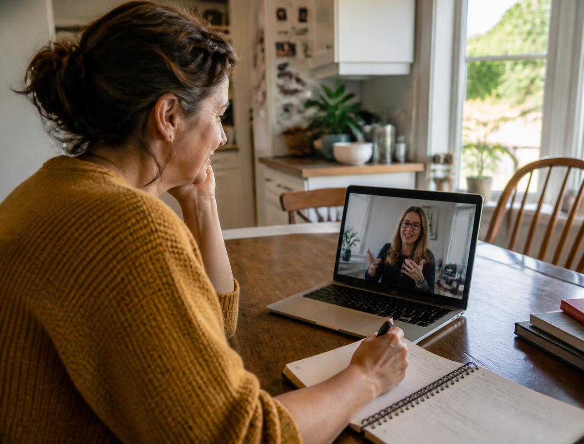 A member on a video call with her GetFitRx coach at her kitchen table